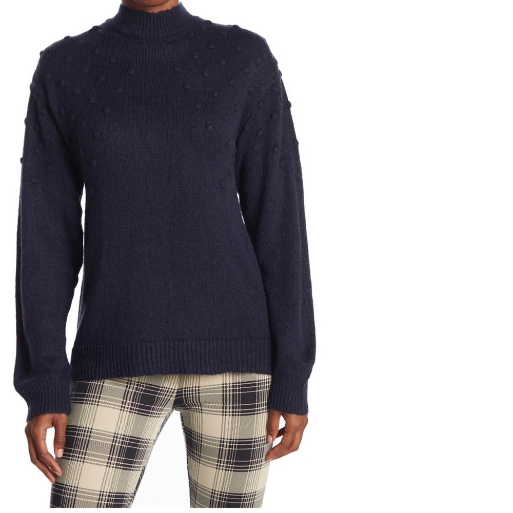 Nordstrom By Design Cupid Pompom Mock Neck Sweater Navy Blue Medium EUC